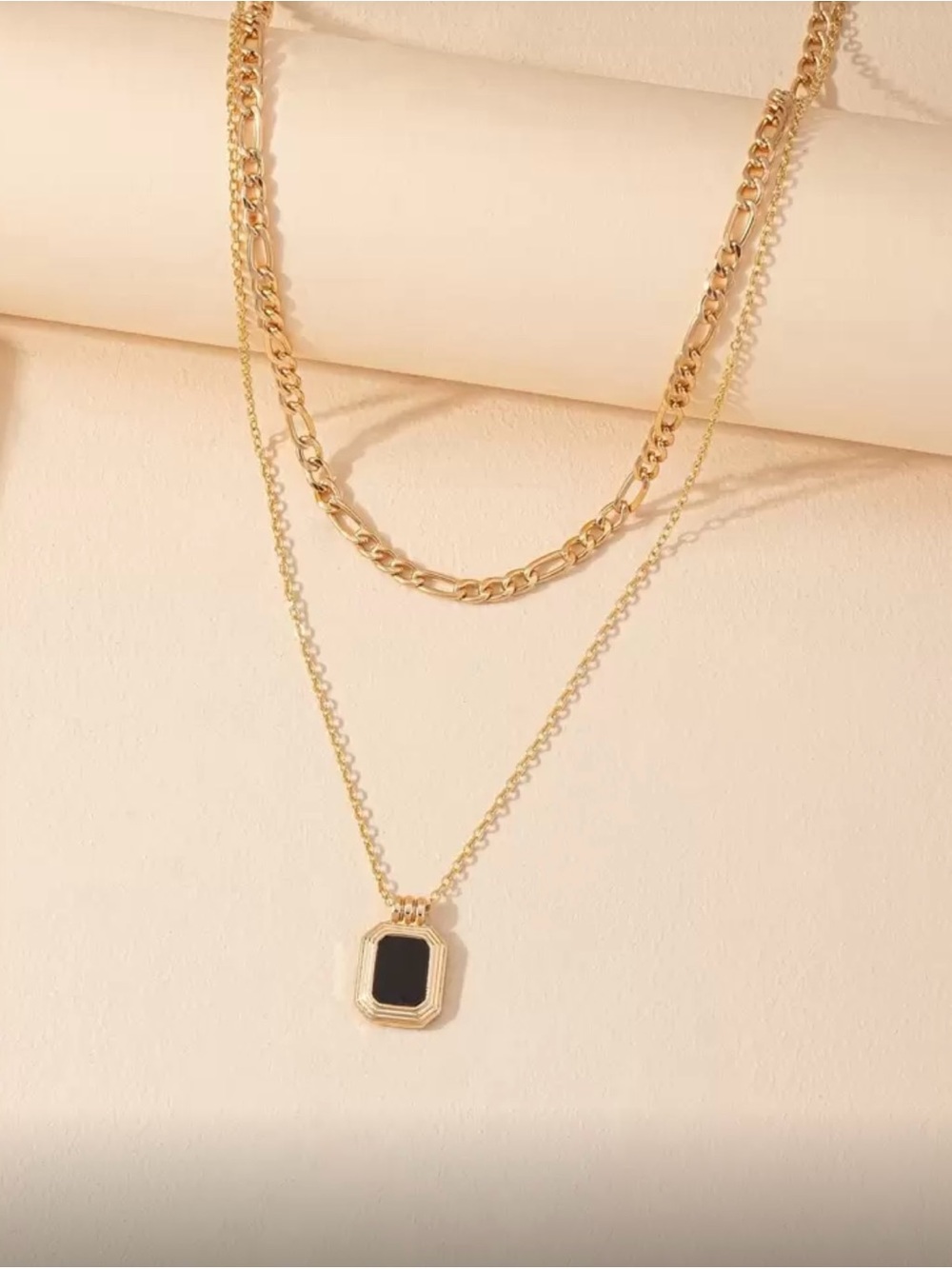 Gold Layered Necklace with Black Pendant - Women Jewelry